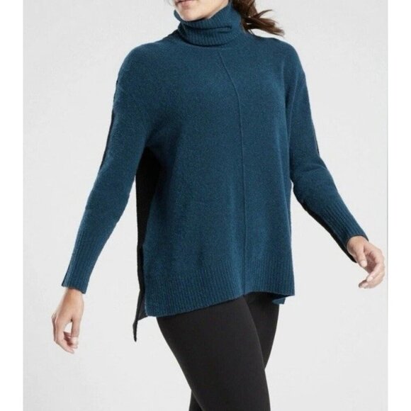 Athleta Woman’s Sz M Transit Colorblock Turtleneck Blue Black Merino Wool Blend - Picture 2 of 10